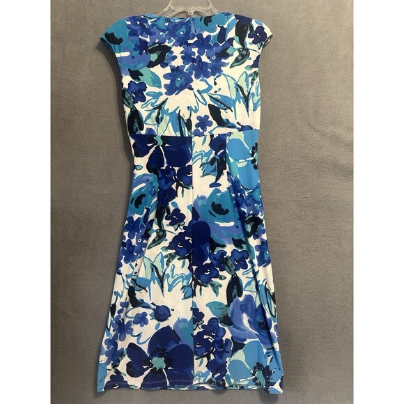 Lauren Ralph Lauren Ruched Faux Wrap Dress Size 6 Blue Floral Career Stretch - Picture 2 of 9